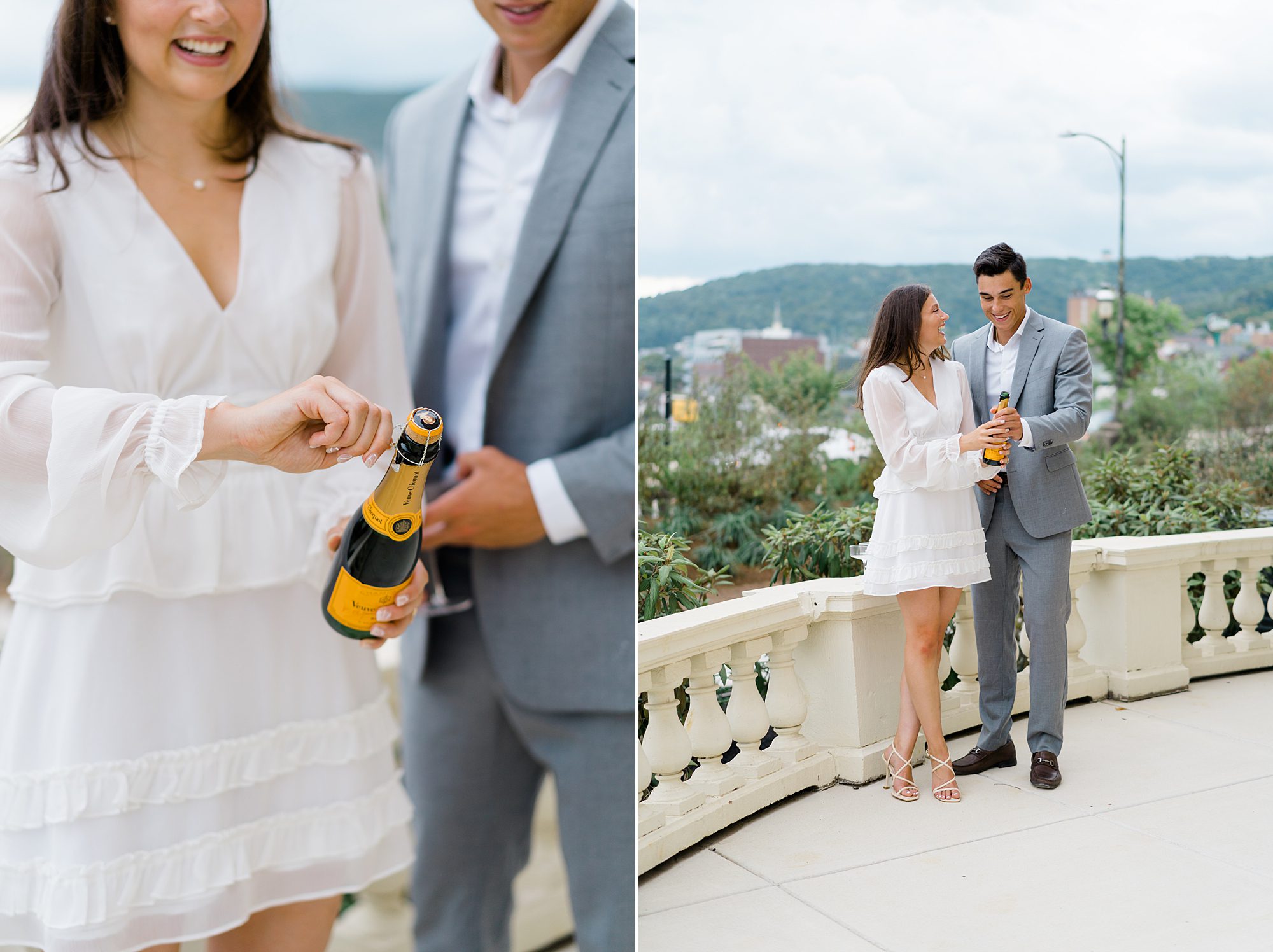 couple open bottle champagne during engagement session