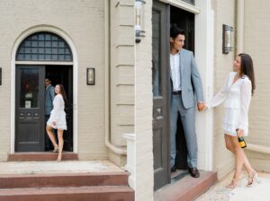 man leads his fiance inside Wilbur Mansion during engagement portraits