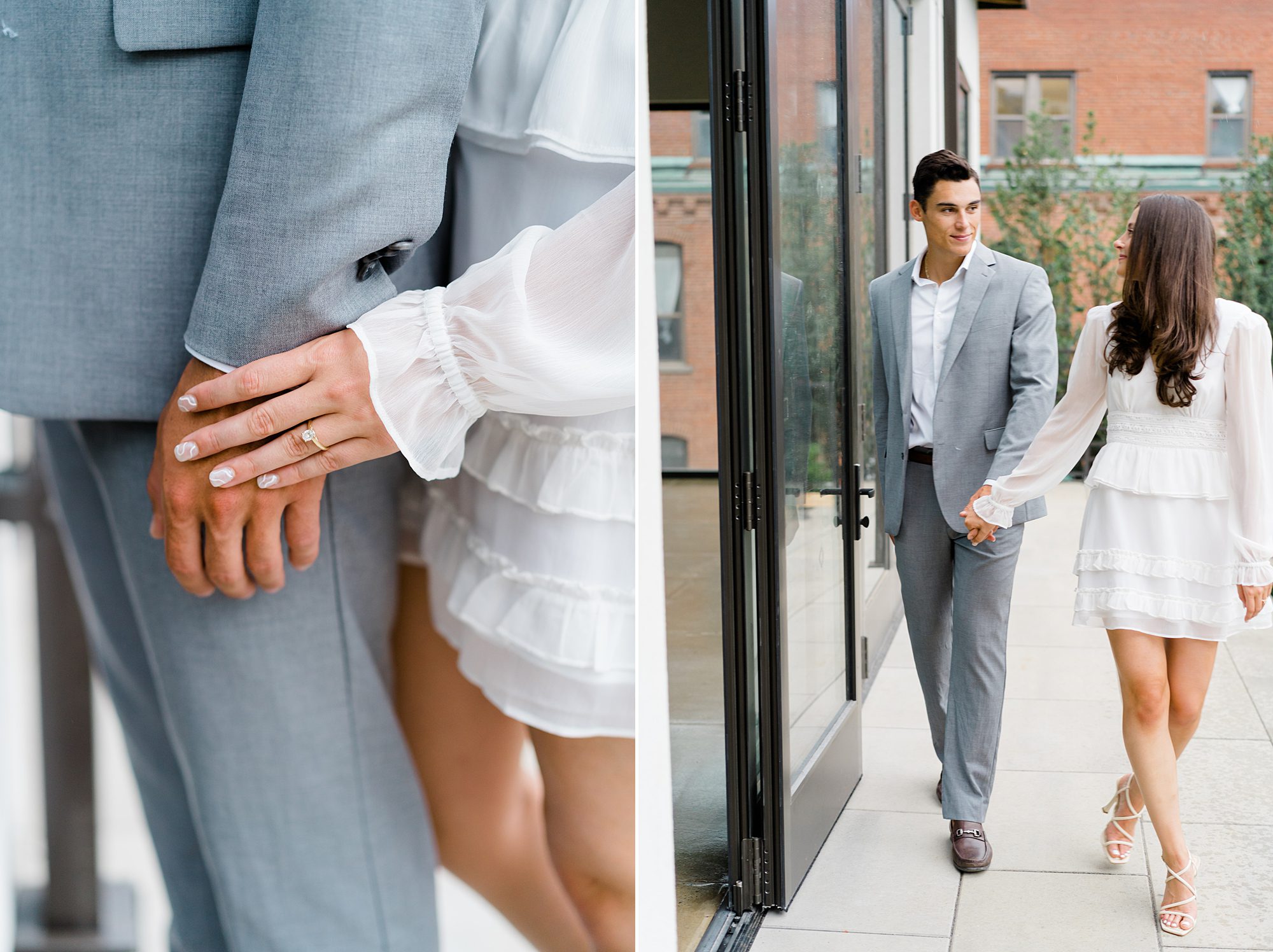 couple walk holding hands during engagement session