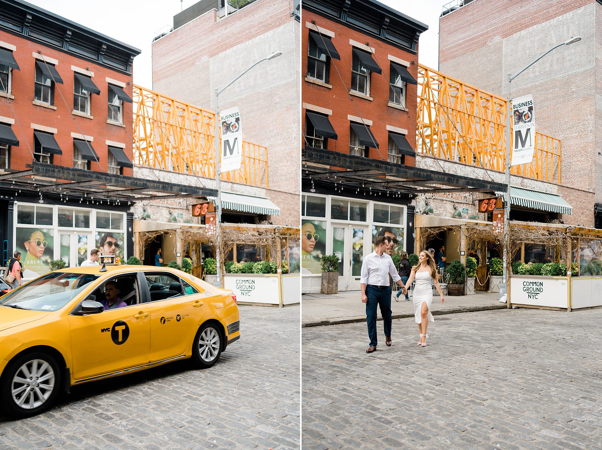 couple walk across street in the meatpacking district of NYC