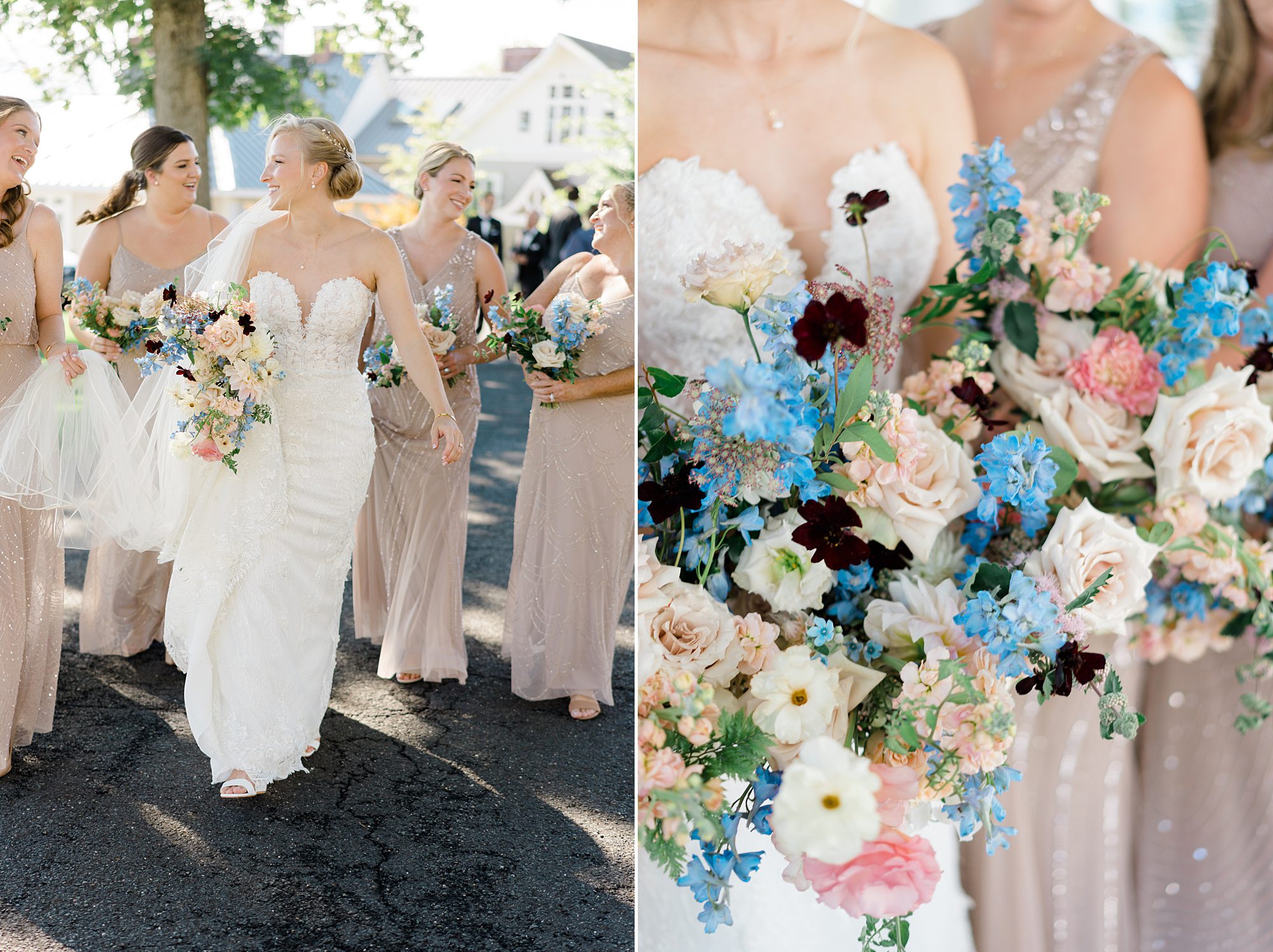 bride with bridesmaids holding wedding bouquets