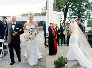 father walks daughter down the aisle at elegant garden inspired wedding ceremony at the Ryland Inn