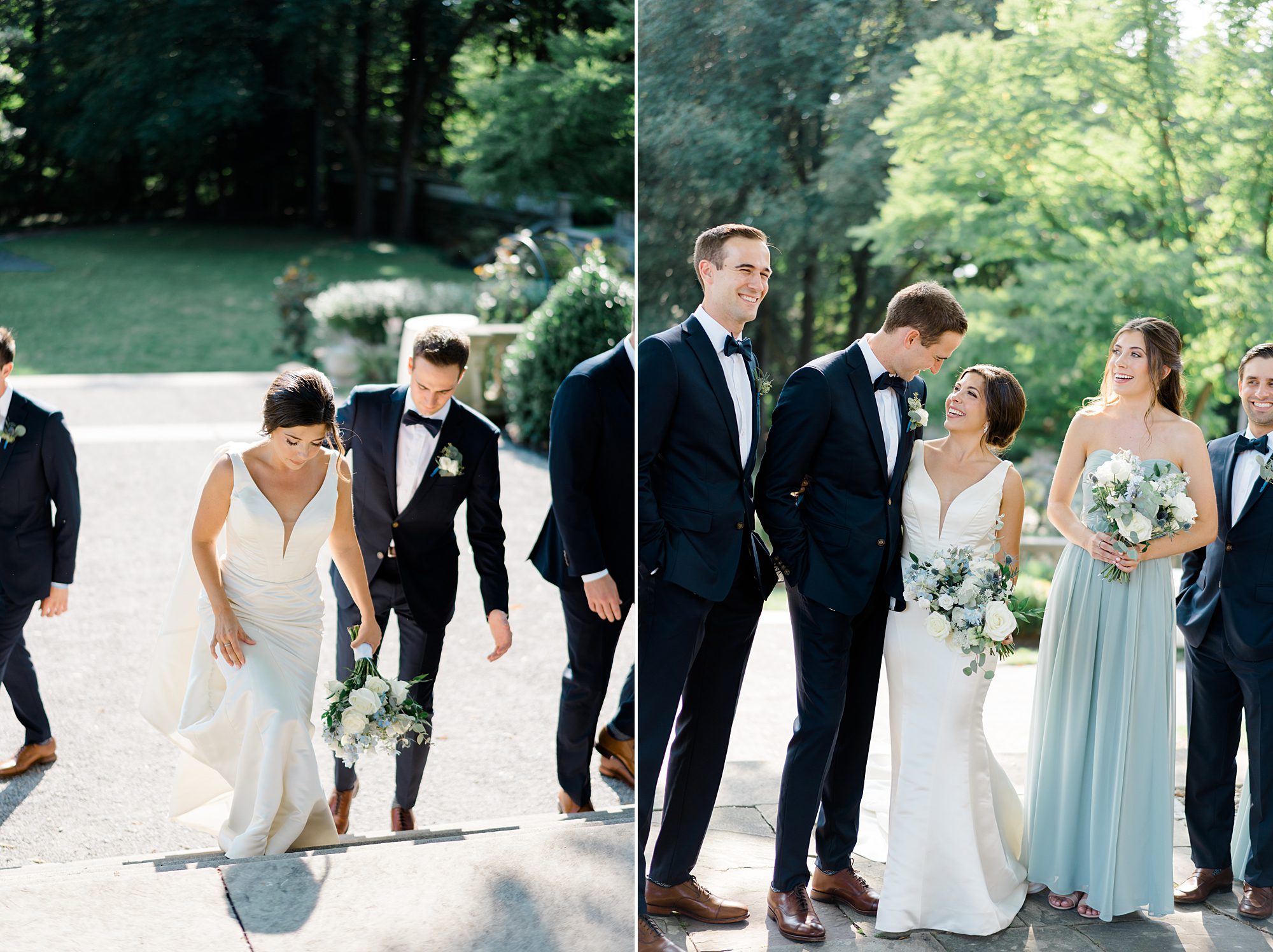 bridal party in steel color dresses and black tuxes