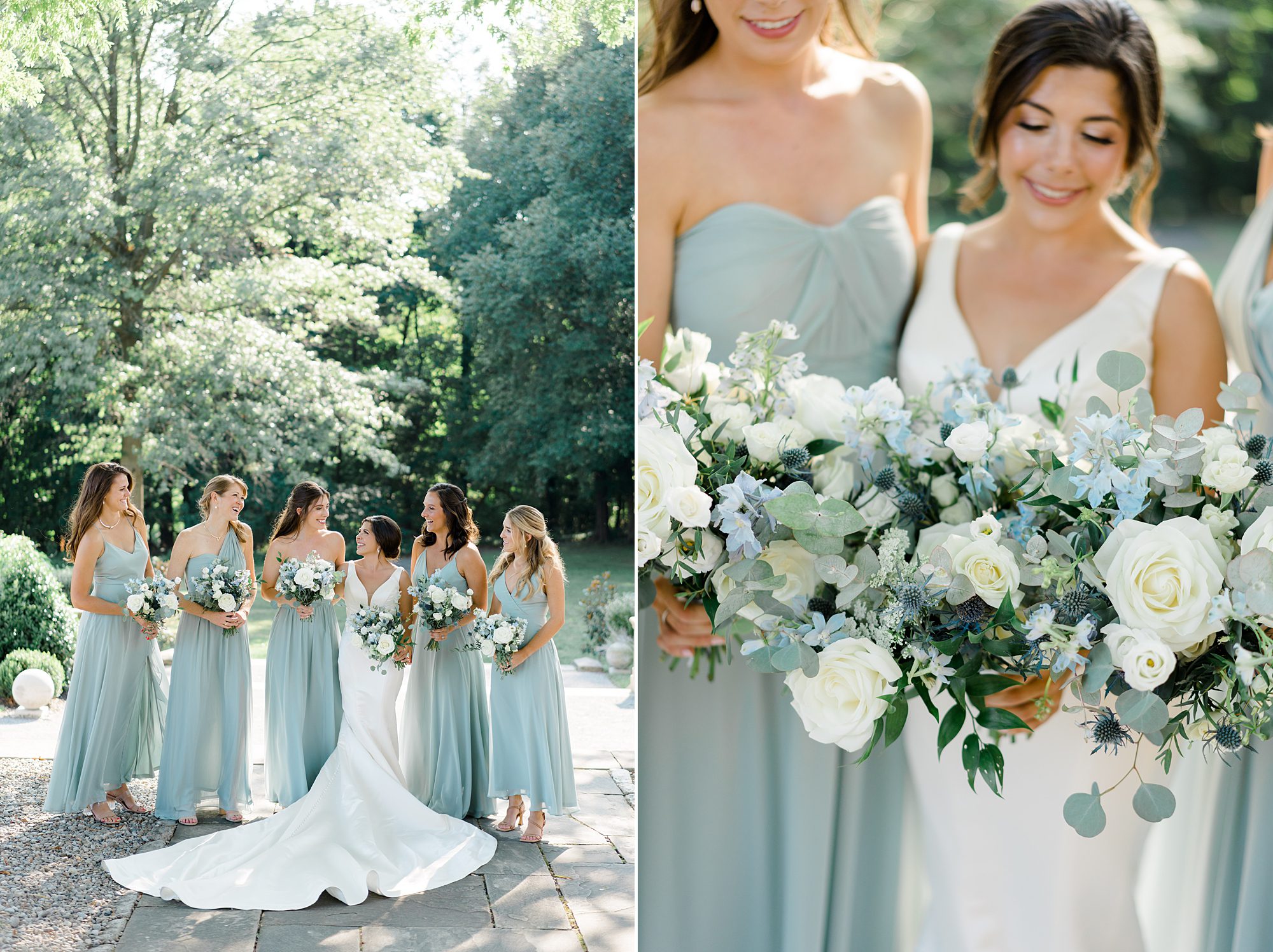 bride and bridesmaids in light blue dresses