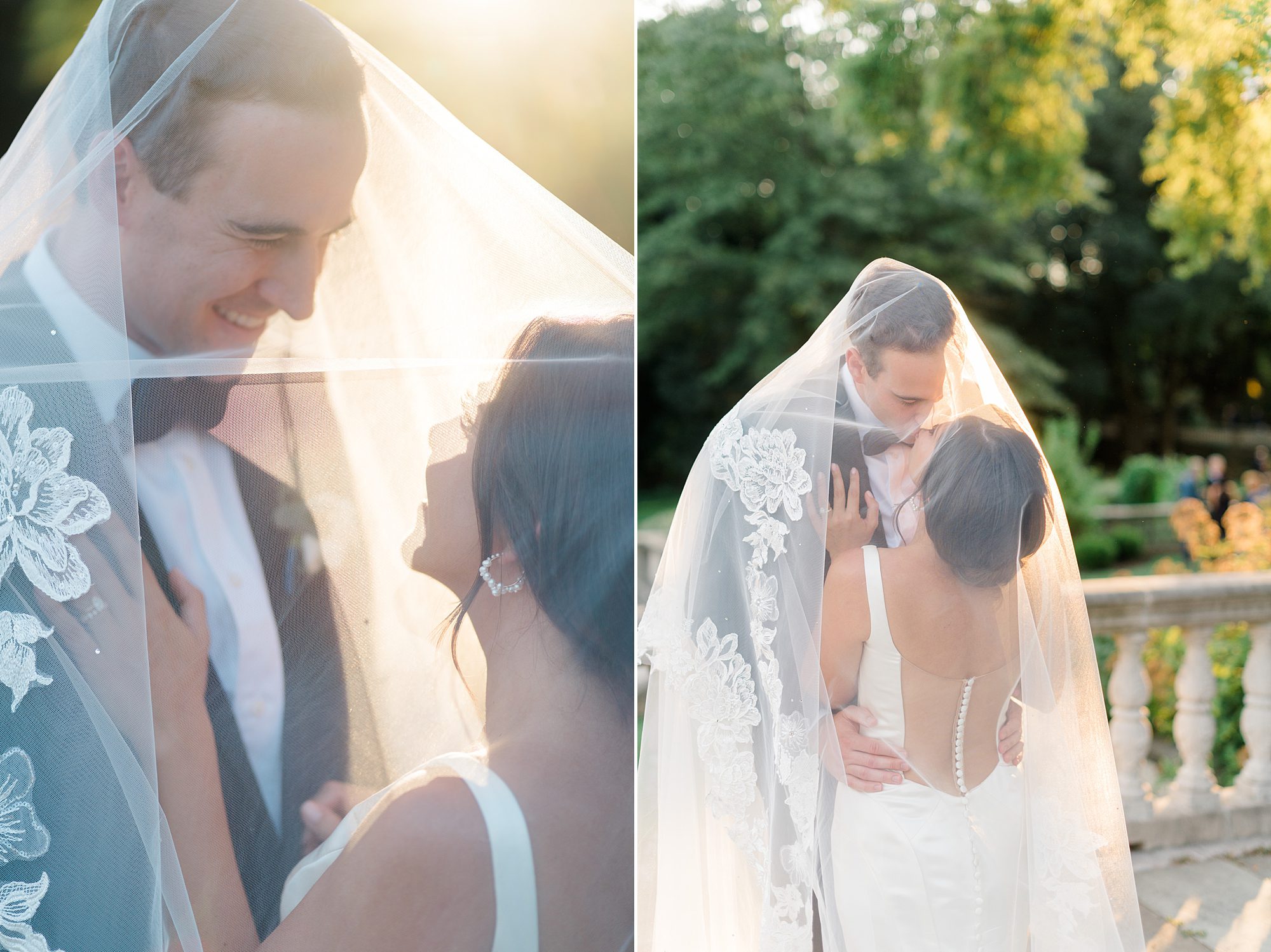 newlyweds with veil wrapped around them in the sonlight