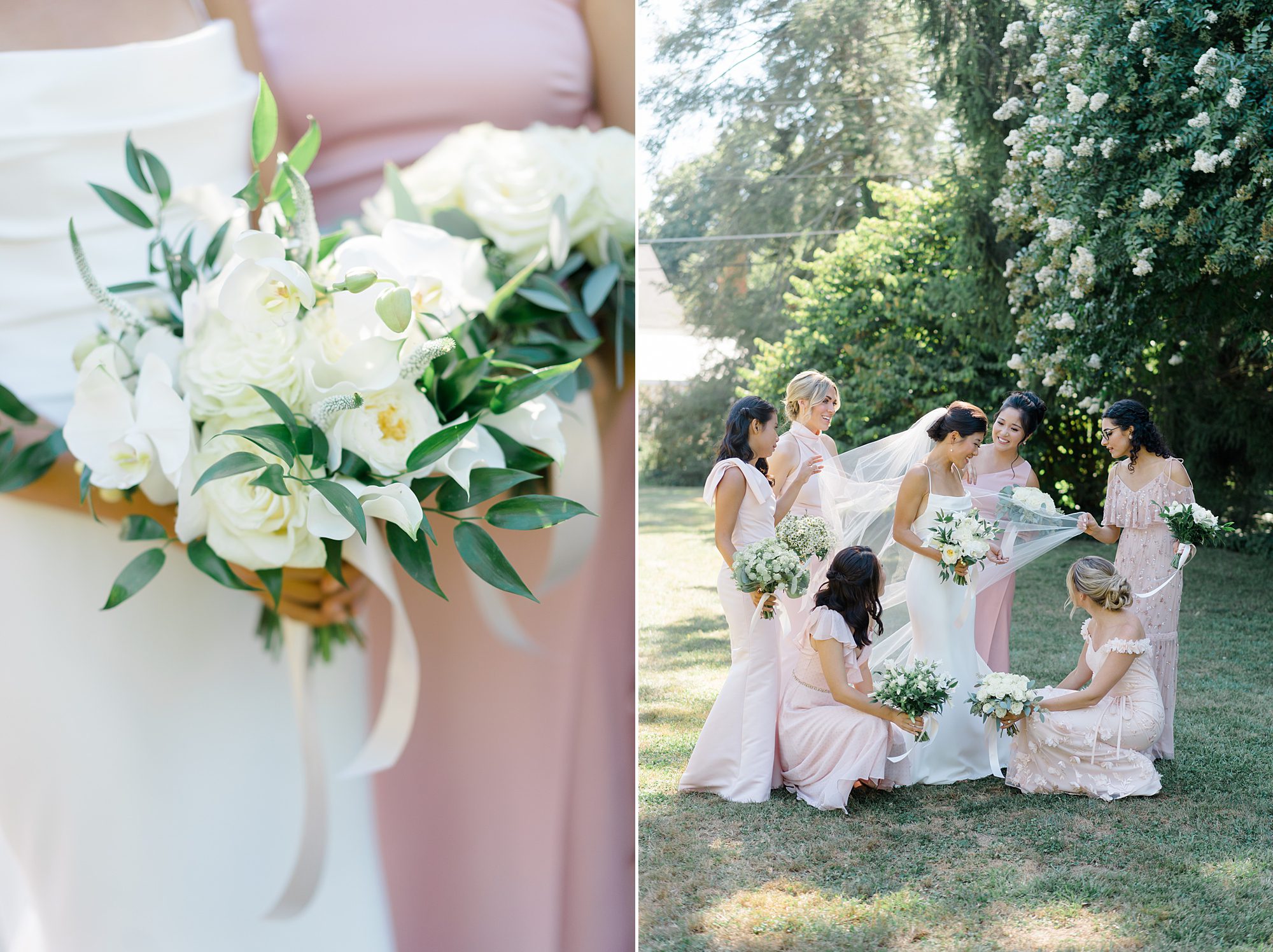 bride with bridesmaids in dusty pink dresses