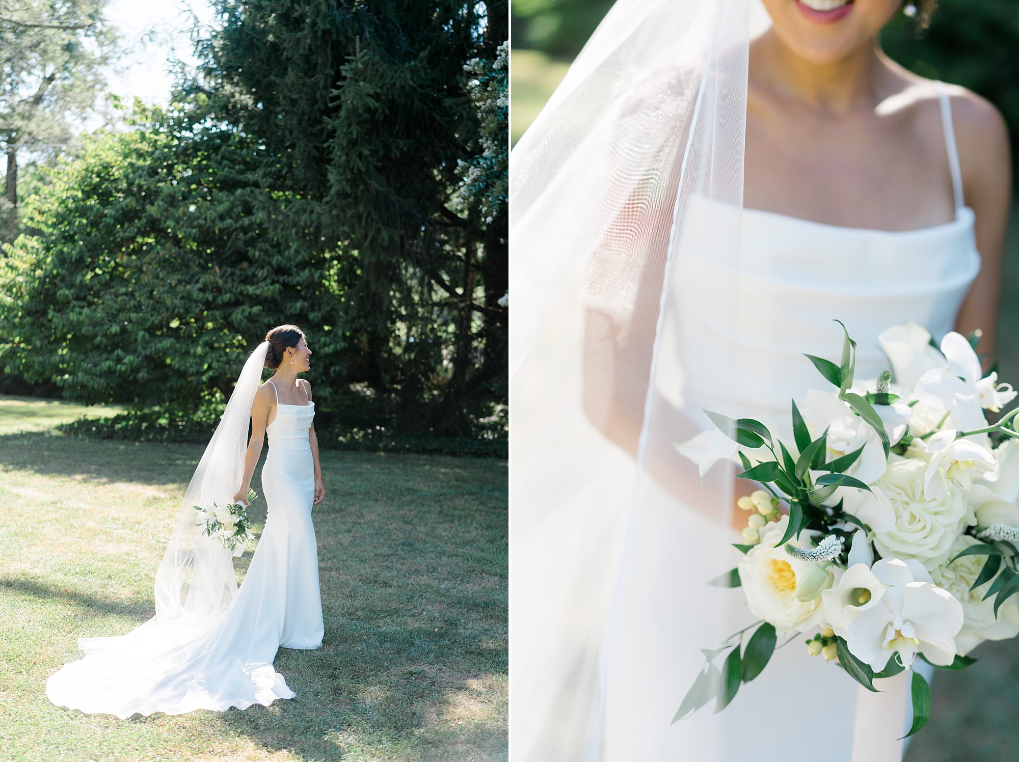 bride holds classic white wedding bouquet