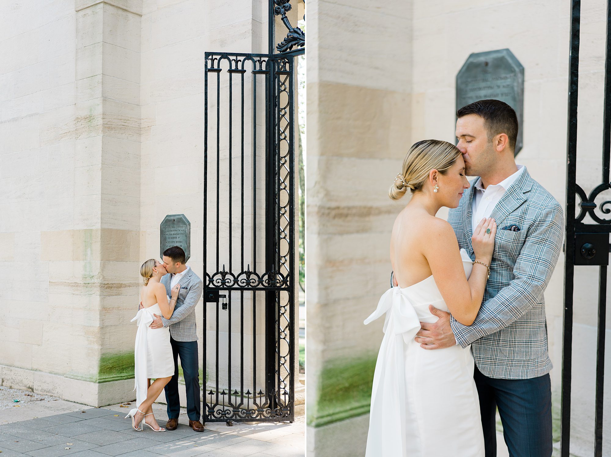 couple kiss by wrought iron gates of Rodin museum in Philadelphia