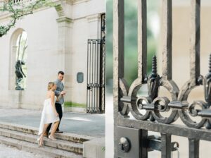 couple walking towards gates of Rodin Museum during Classic Engagement at Rodin Museum
