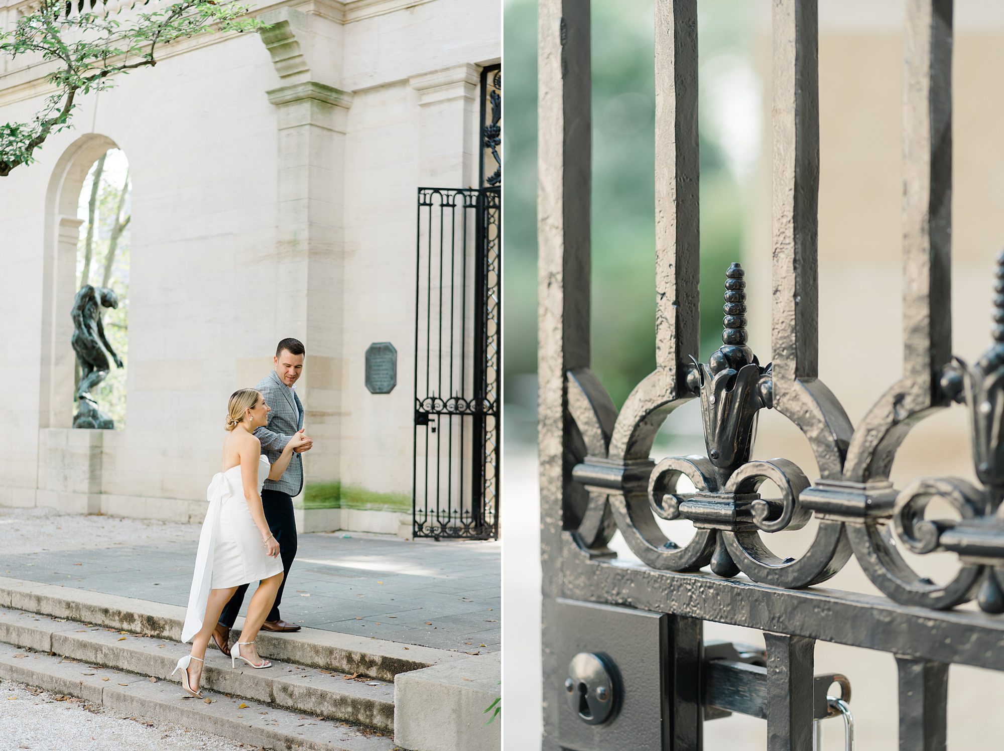 couple walking towards gates of Rodin Museum during Classic Engagement at Rodin Museum