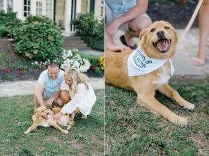 engaged couple with their dog during engagement portraits