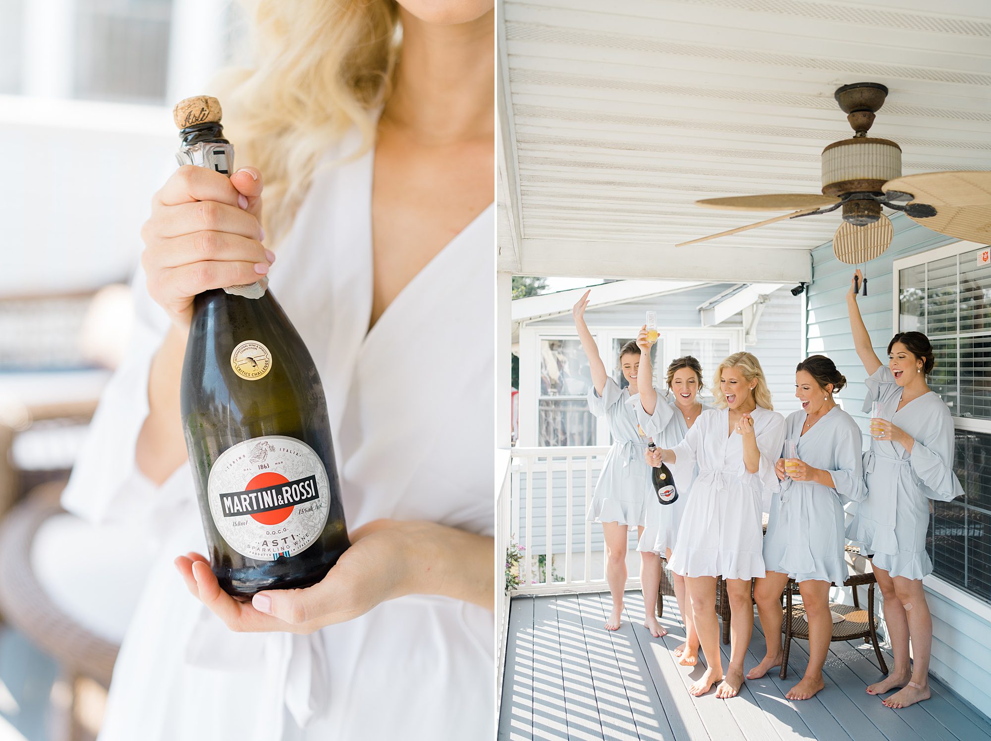 bride and bridesmaids pop champagne
