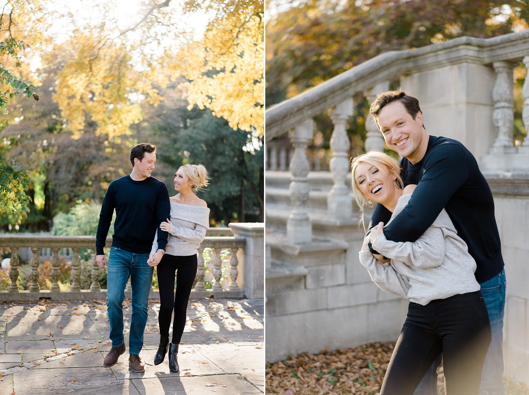 candid engagement portraits of couple at Curtis Arboretum