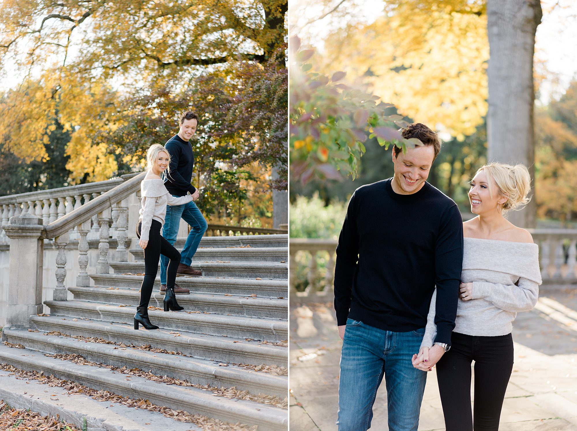 couple walk up the stairs and around the estate of Curtis Arboretum during their fall engagement session