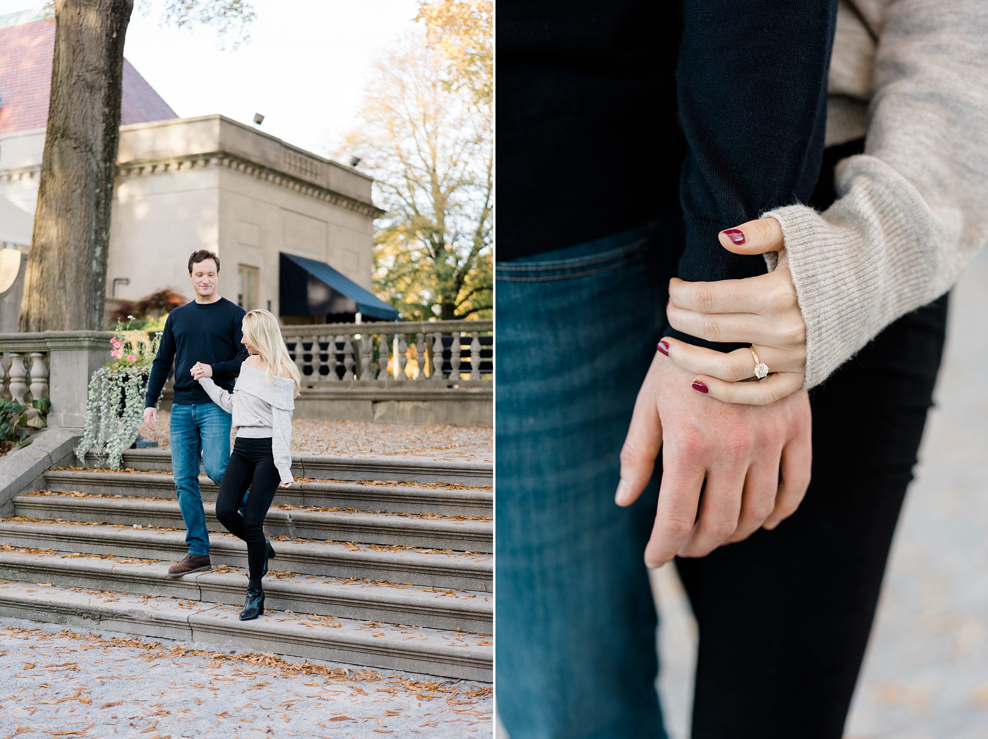 couple hold hands during engagement portraits