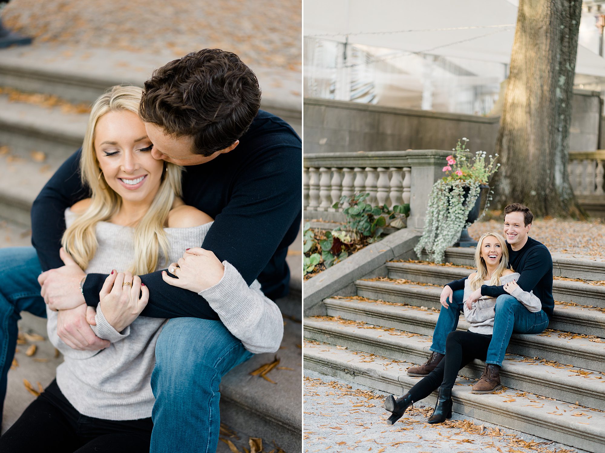 candid portraits of couple sitting on stairs during engagement session