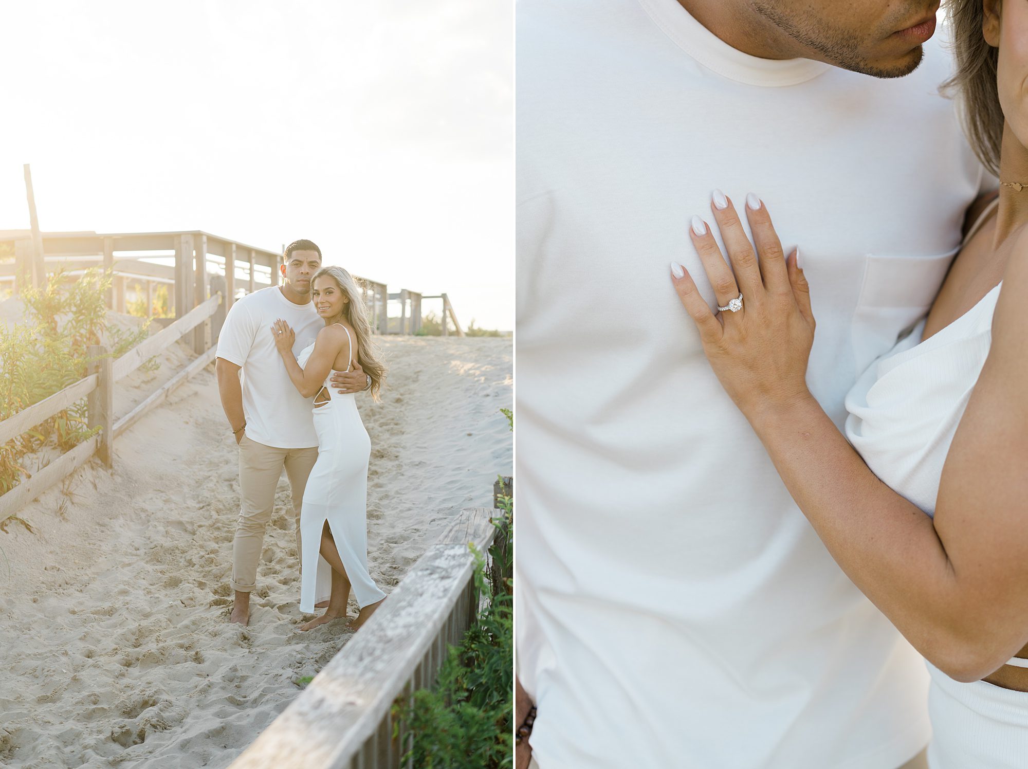 couple walk in the sand during engagement session at Jersey Shore