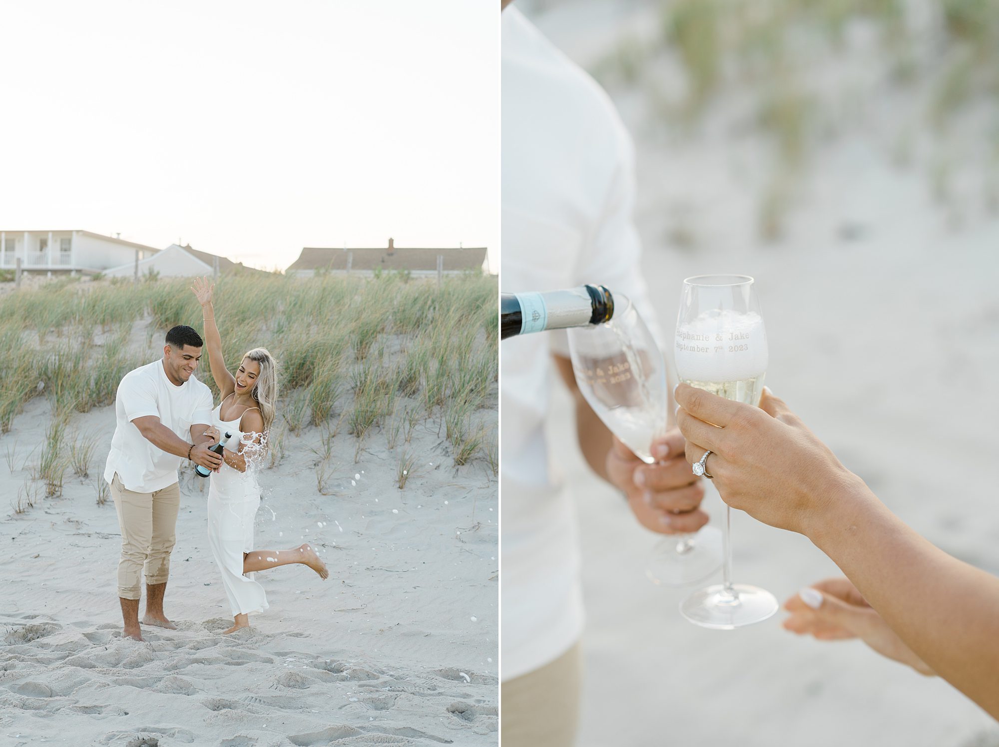 engaged couple toast with champagne on beach