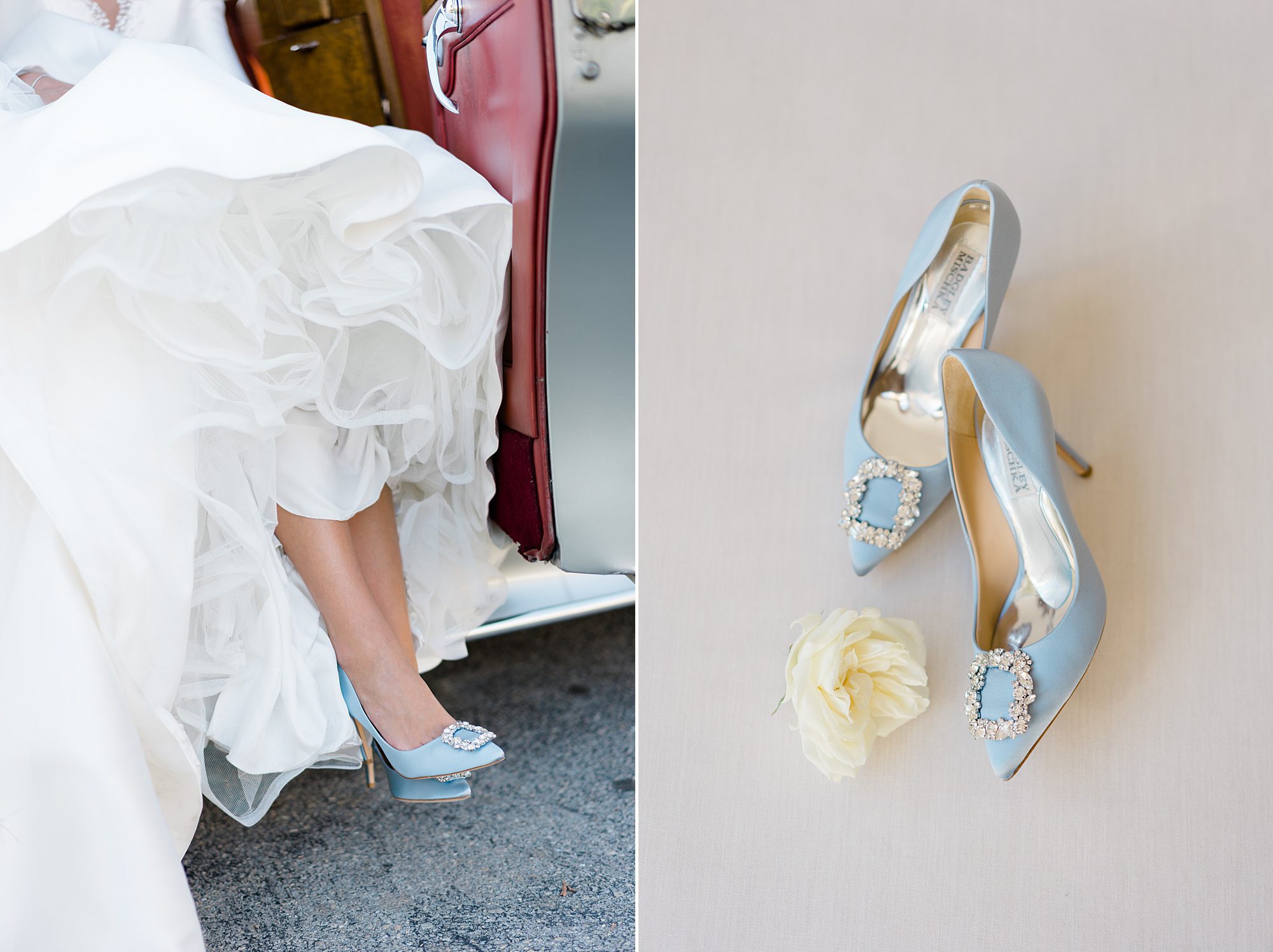 bride gets out of car with baby blue shoes
