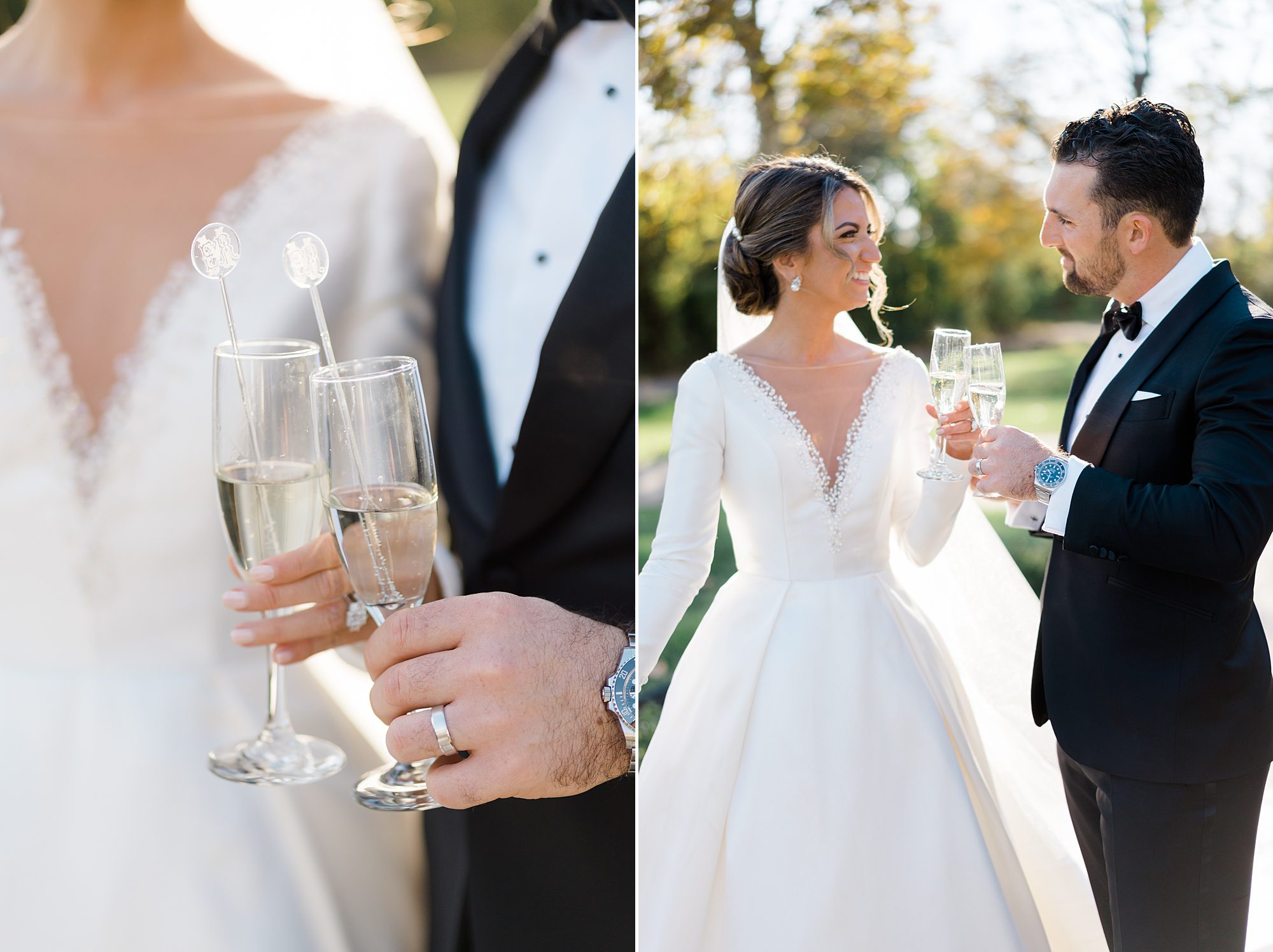 newlyweds share glass of champange
