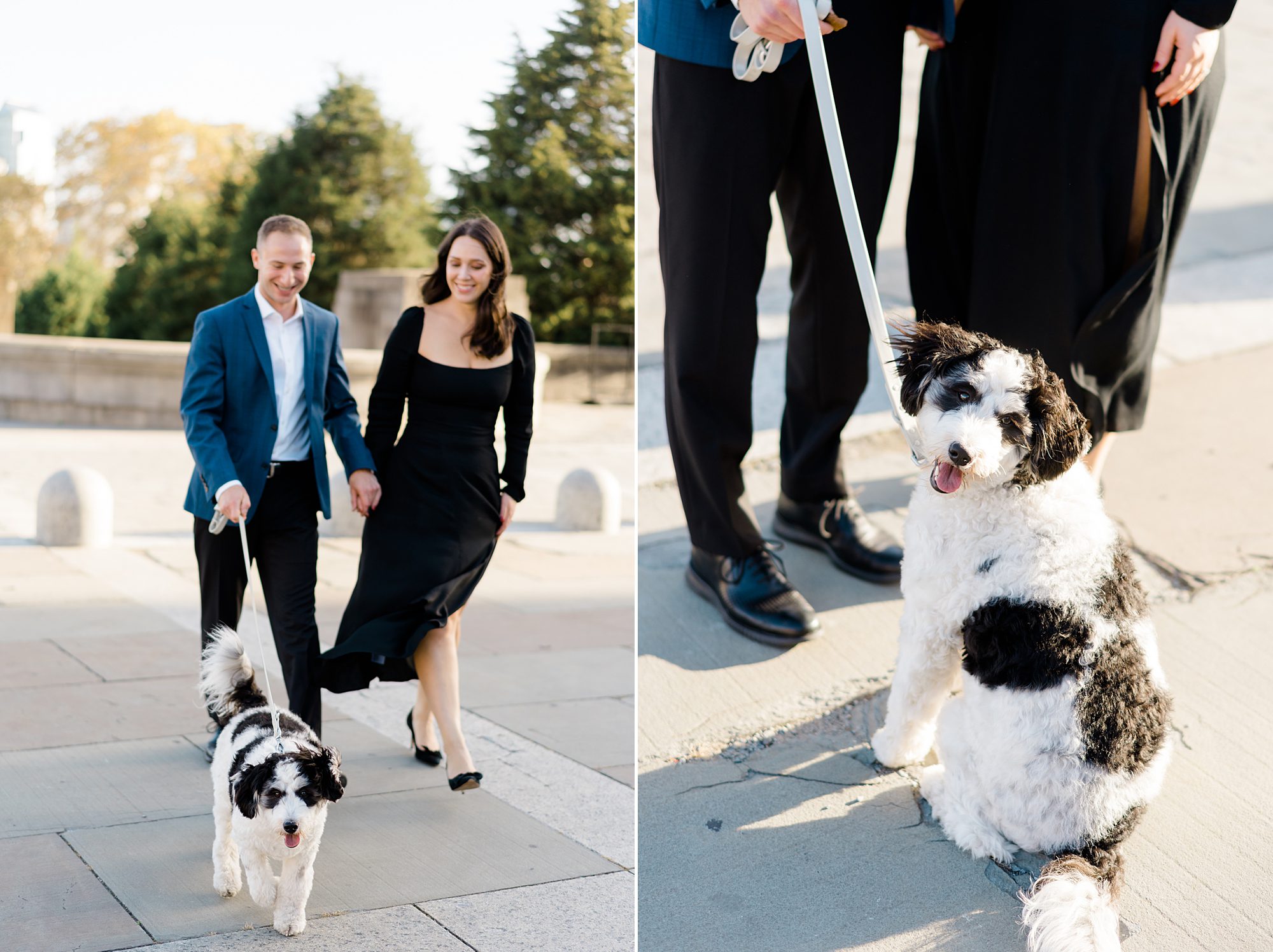 couple with their dog during engagement portraits