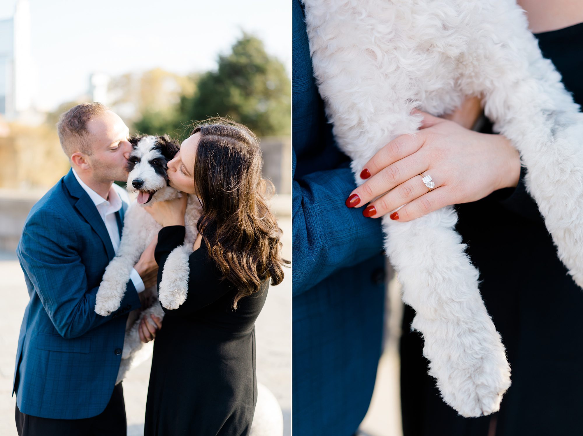 couple hold their dog during fall engagement