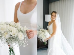 bride in dress holding white rose bouquet