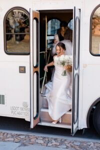 bride exits transportation in Old City Philadelphia
