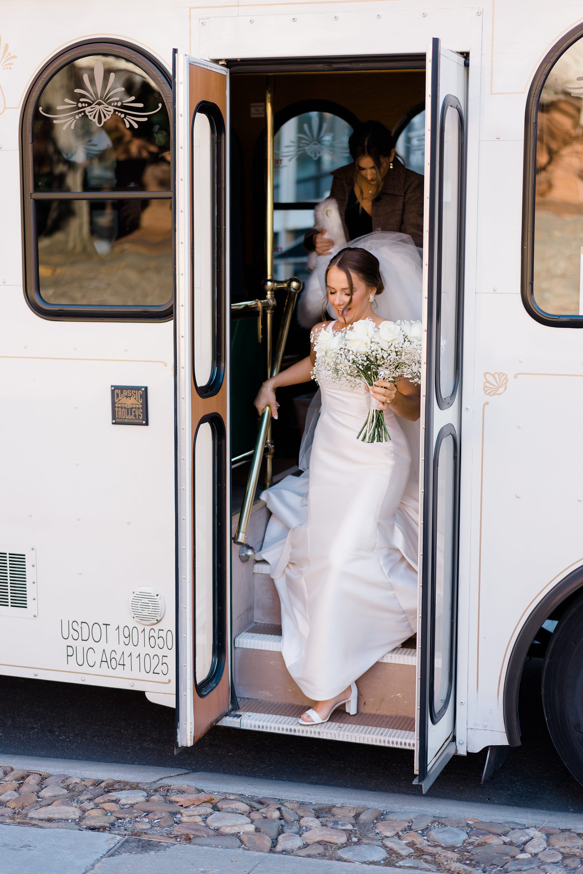 bride exits transportation in Old City Philadelphia