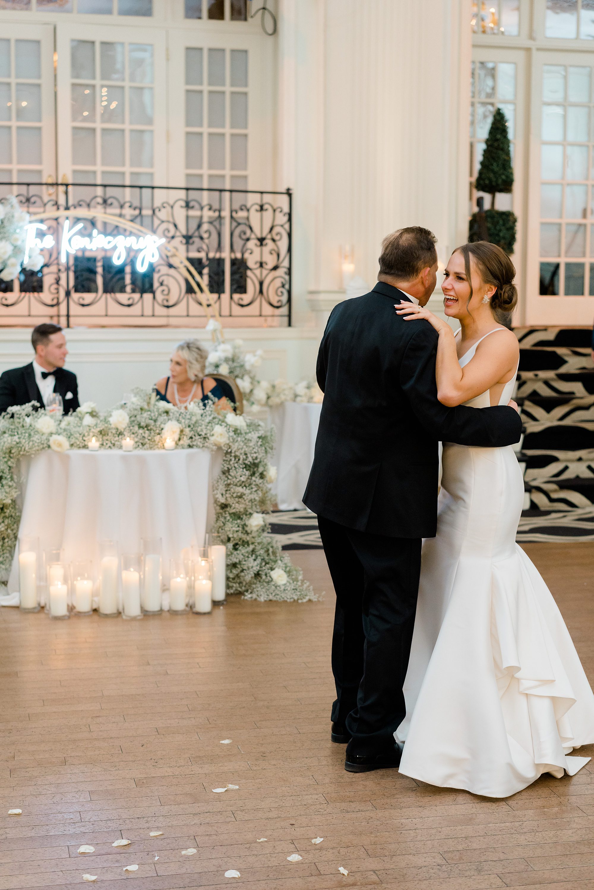 bride and father share dance together at Cescaphe Ballroom Winter Wedding
