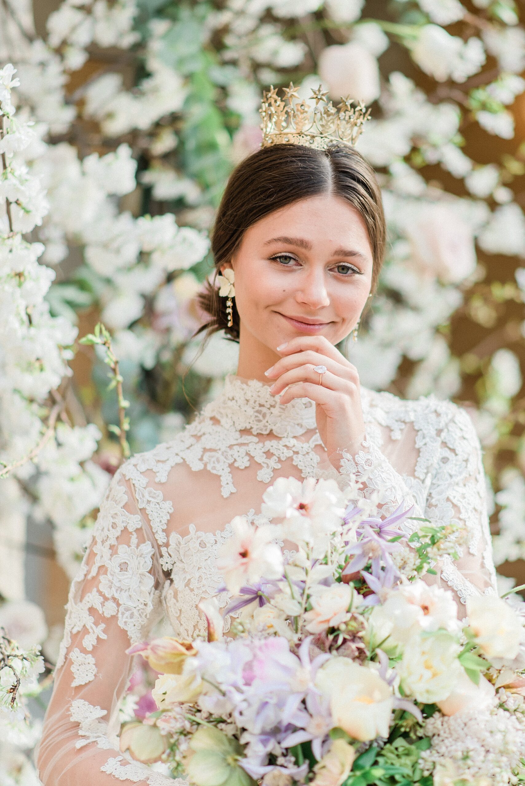 bride portraits surrounded by white flowers 
