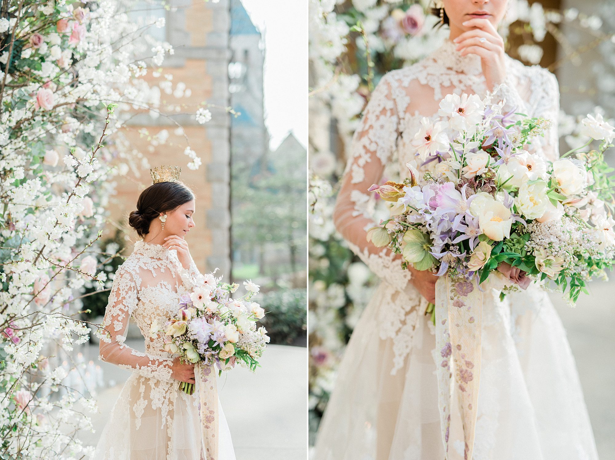 bride in floral lace long-sleeved wedding gown holding elegant bouquet 