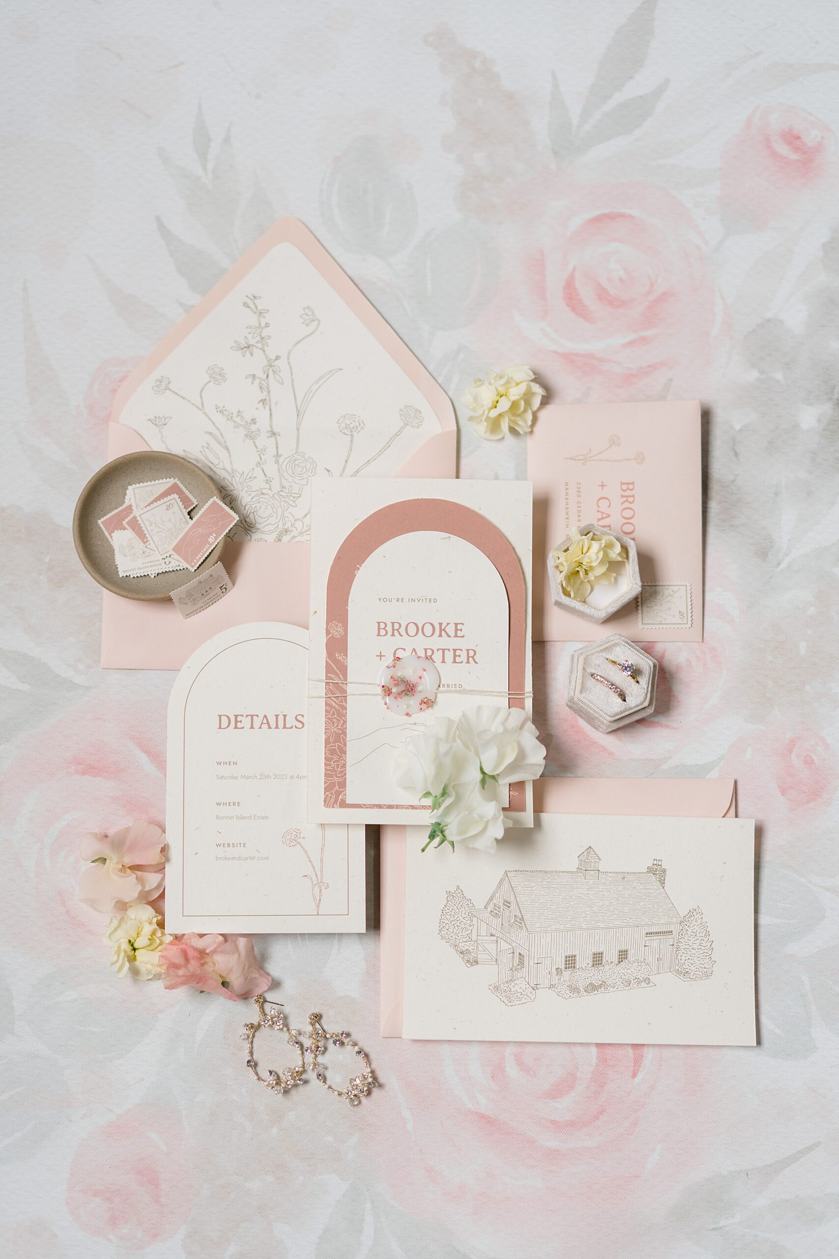 romantic pink wedding invitations and details