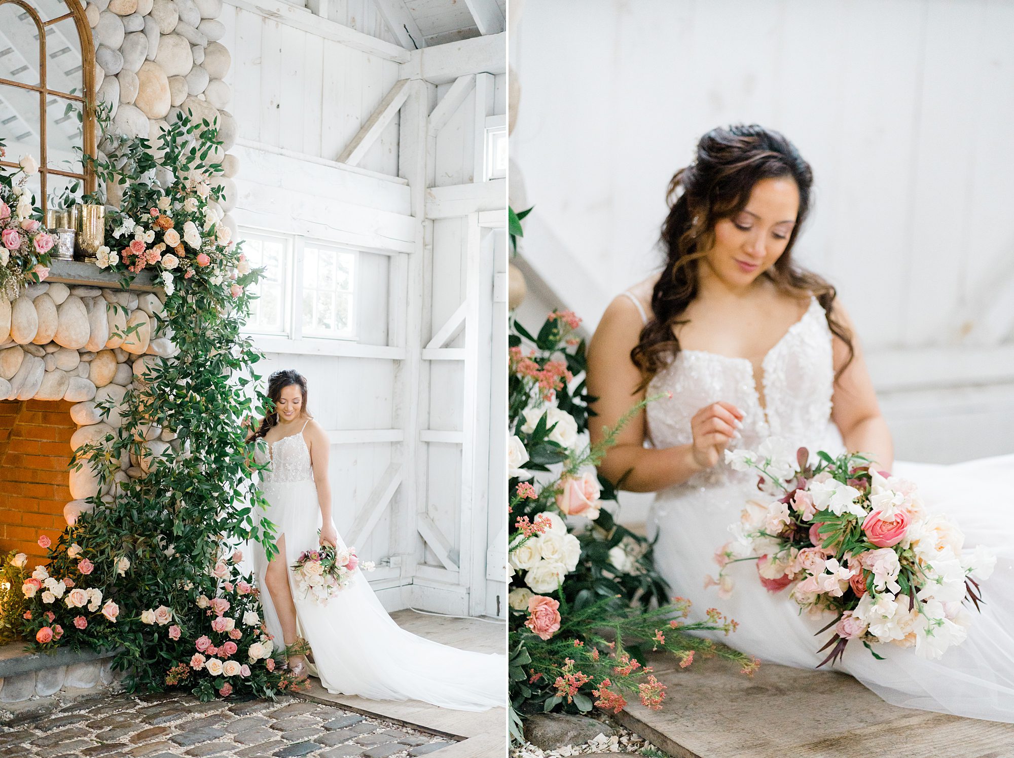 bride by fireplace with elegant flroals