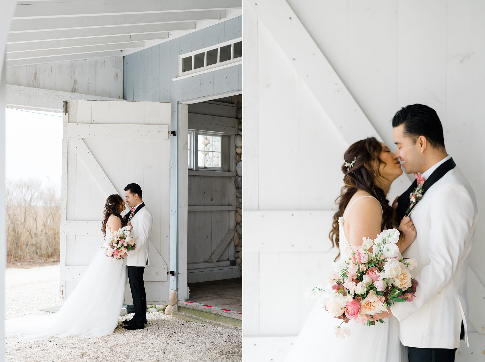 couple kiss by barn doors