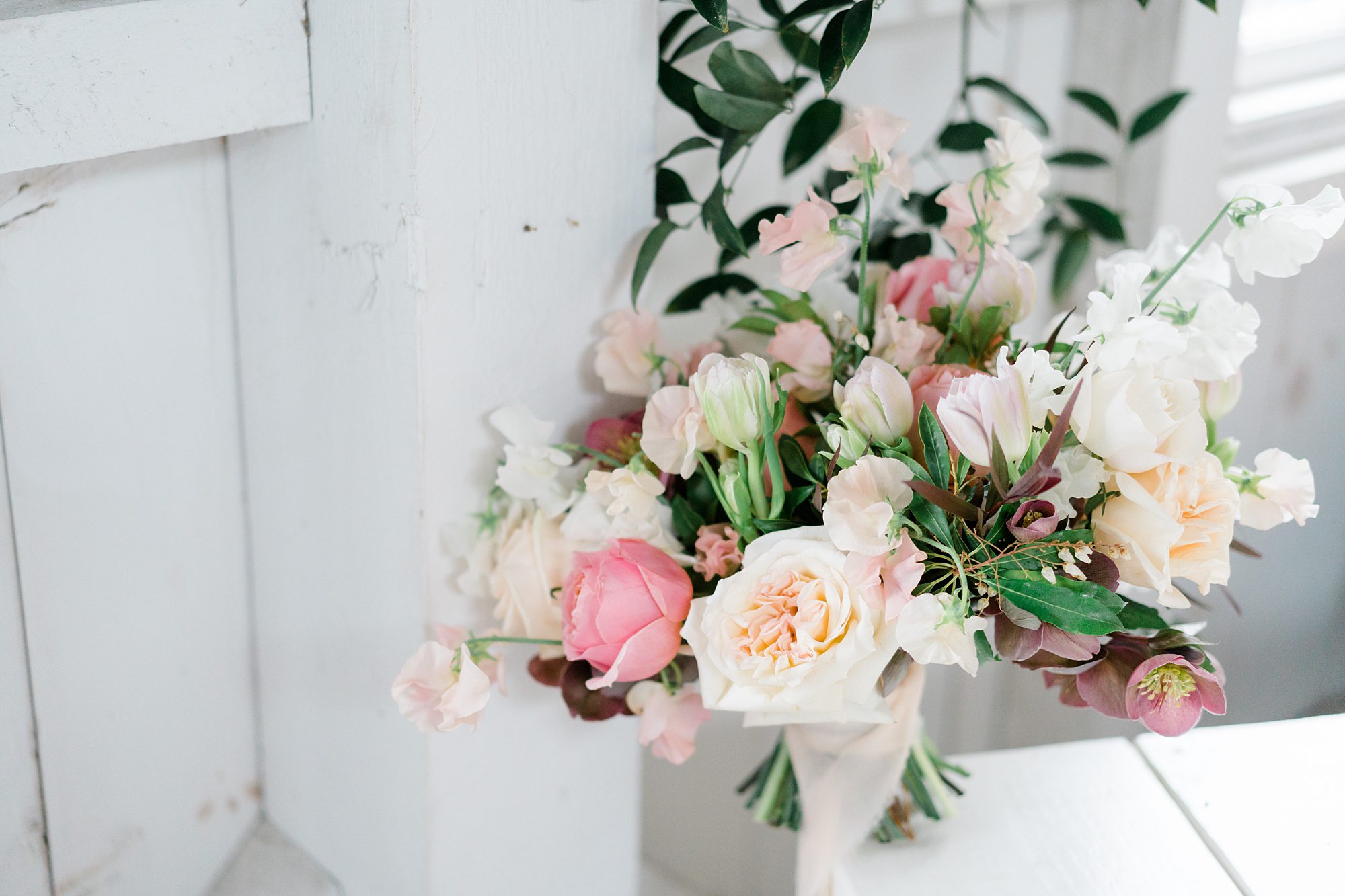 floral arrangement from romantic styled shoot at Boathouse Chapel at Bonnet Island