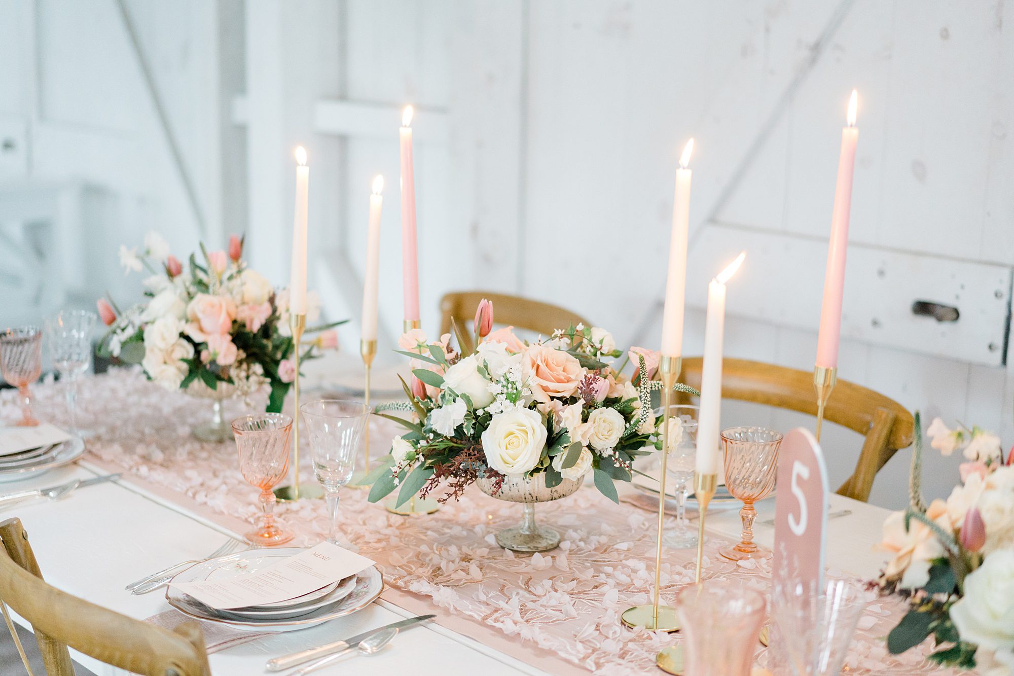 tablescape and centerpieces from Boathouse Chapel at Bonnet Island | Styled Wedding Shoot