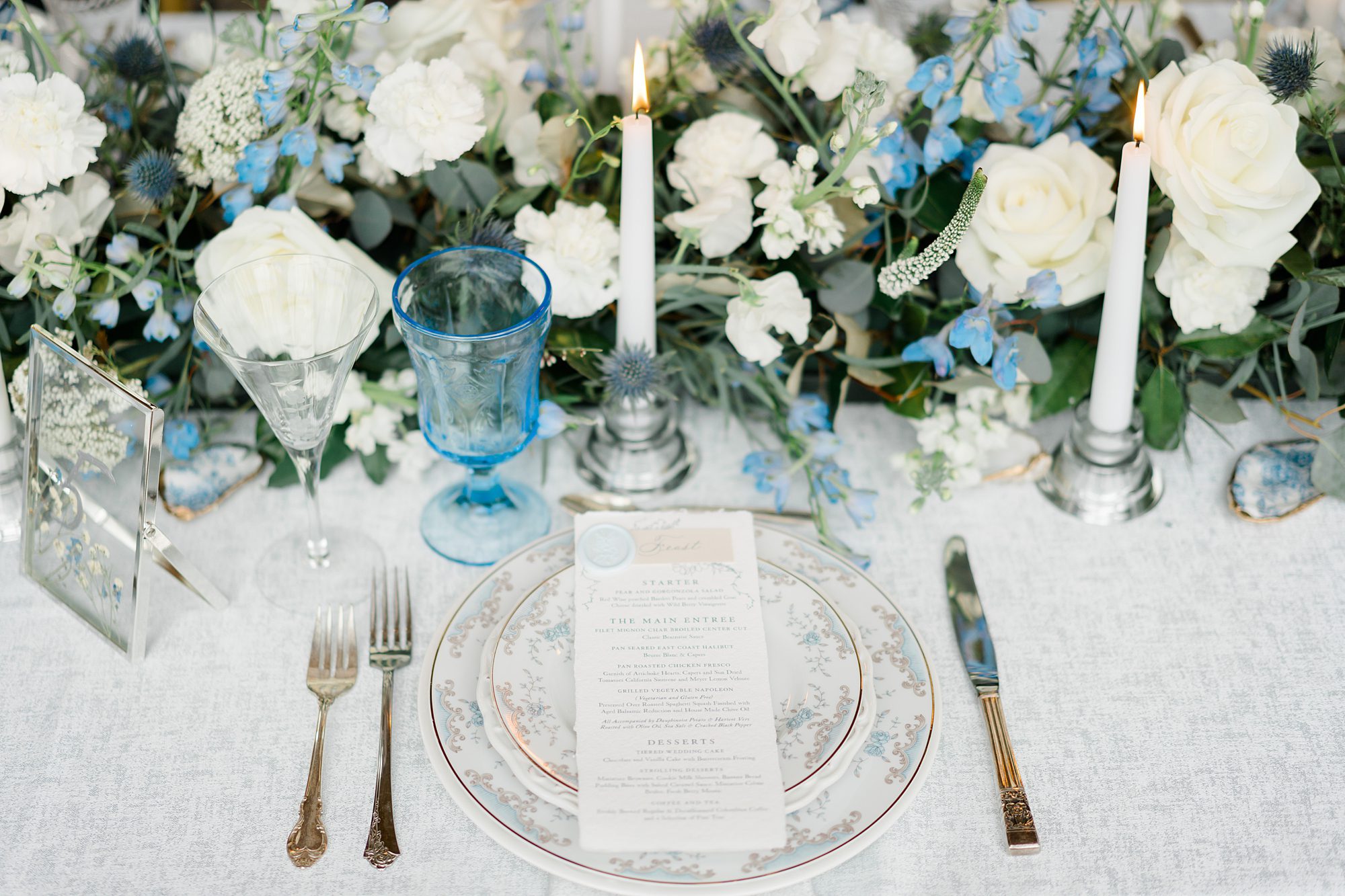 stunning blue and white table setting from NJ wedding