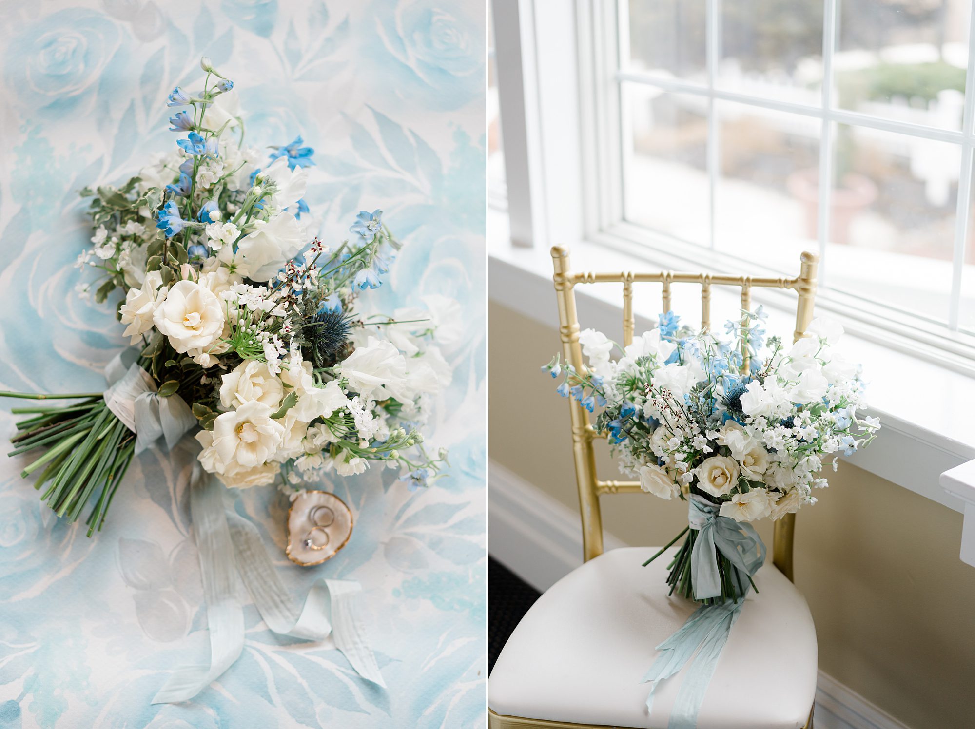 bouquets of white and blue flowers 