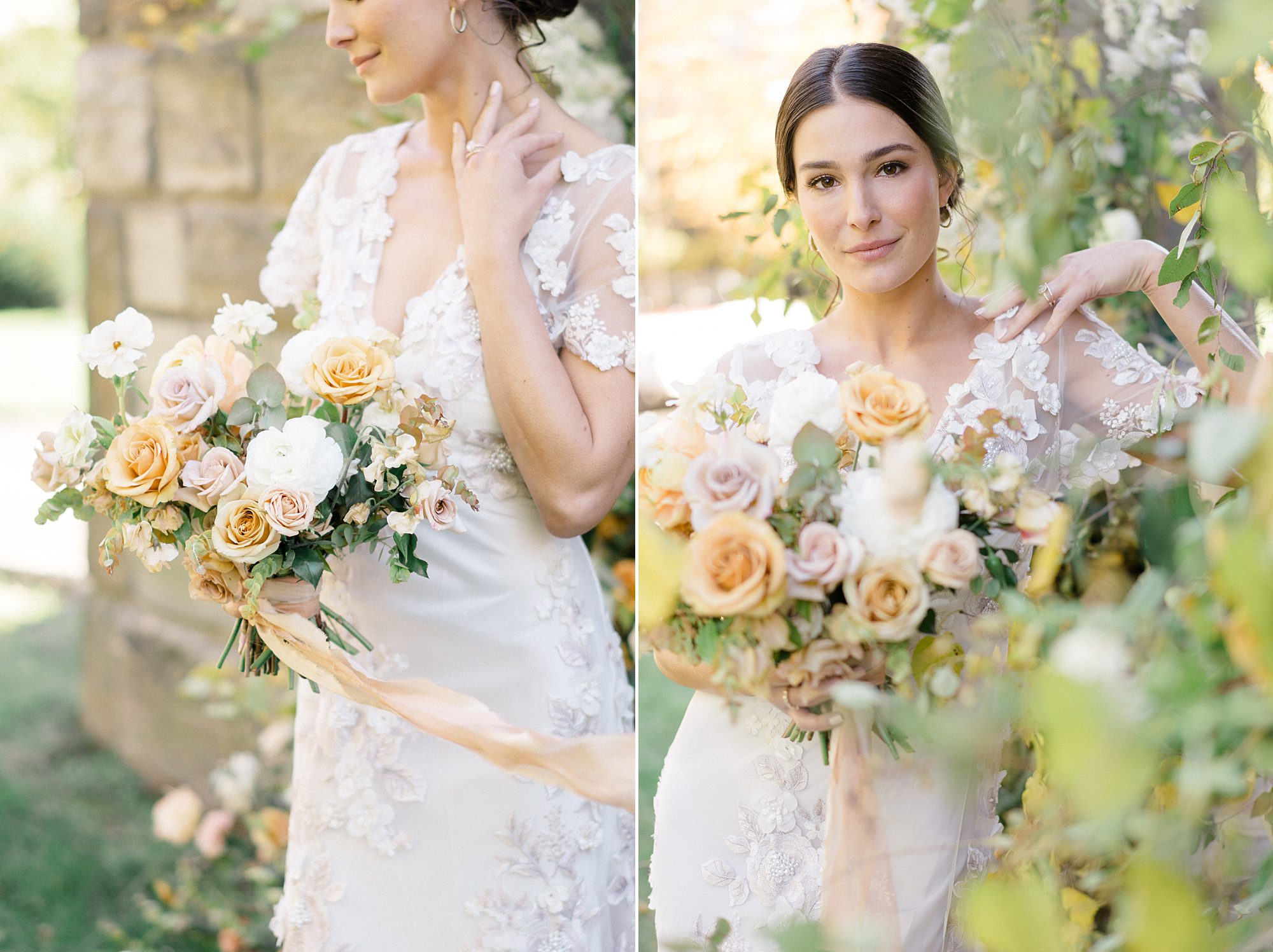 bride holds elegant floral arrangement by greenery 