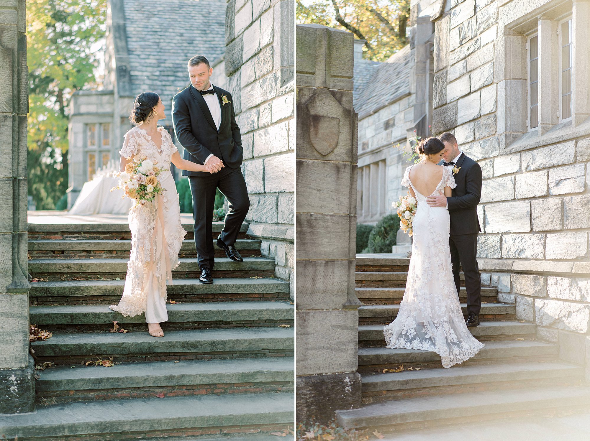 bride and groom walk up stone steps at Merion Tribute House in PA