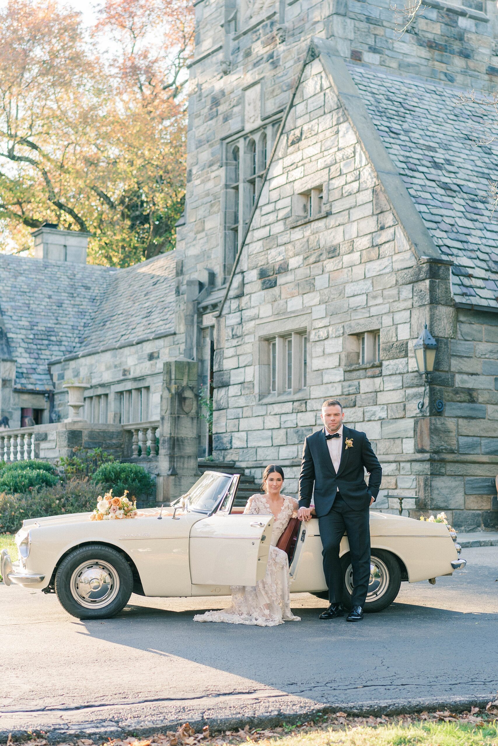 wedding portraits in classic car at Merion Tribute House Wedding