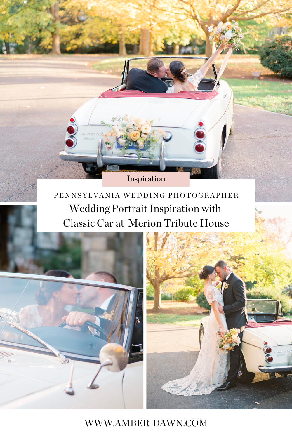 elegant Merion Tribute House wedding with classic car exit 