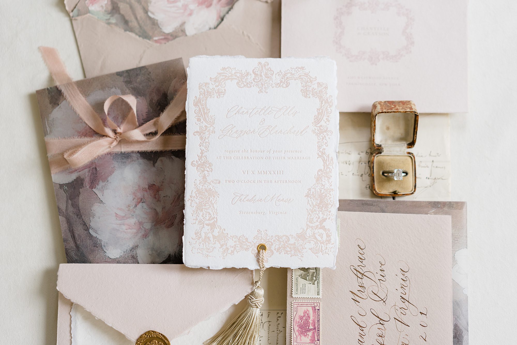 romantic wedding invitations and flay lay