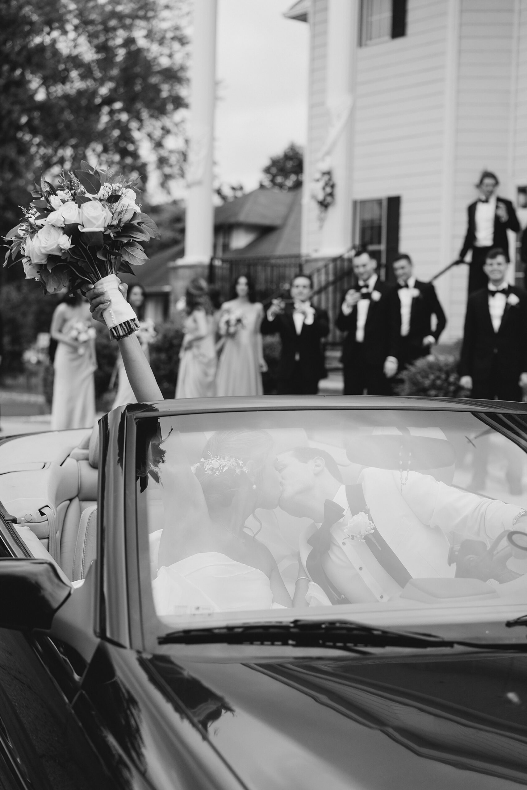 couple drive off after wedding ceremony 