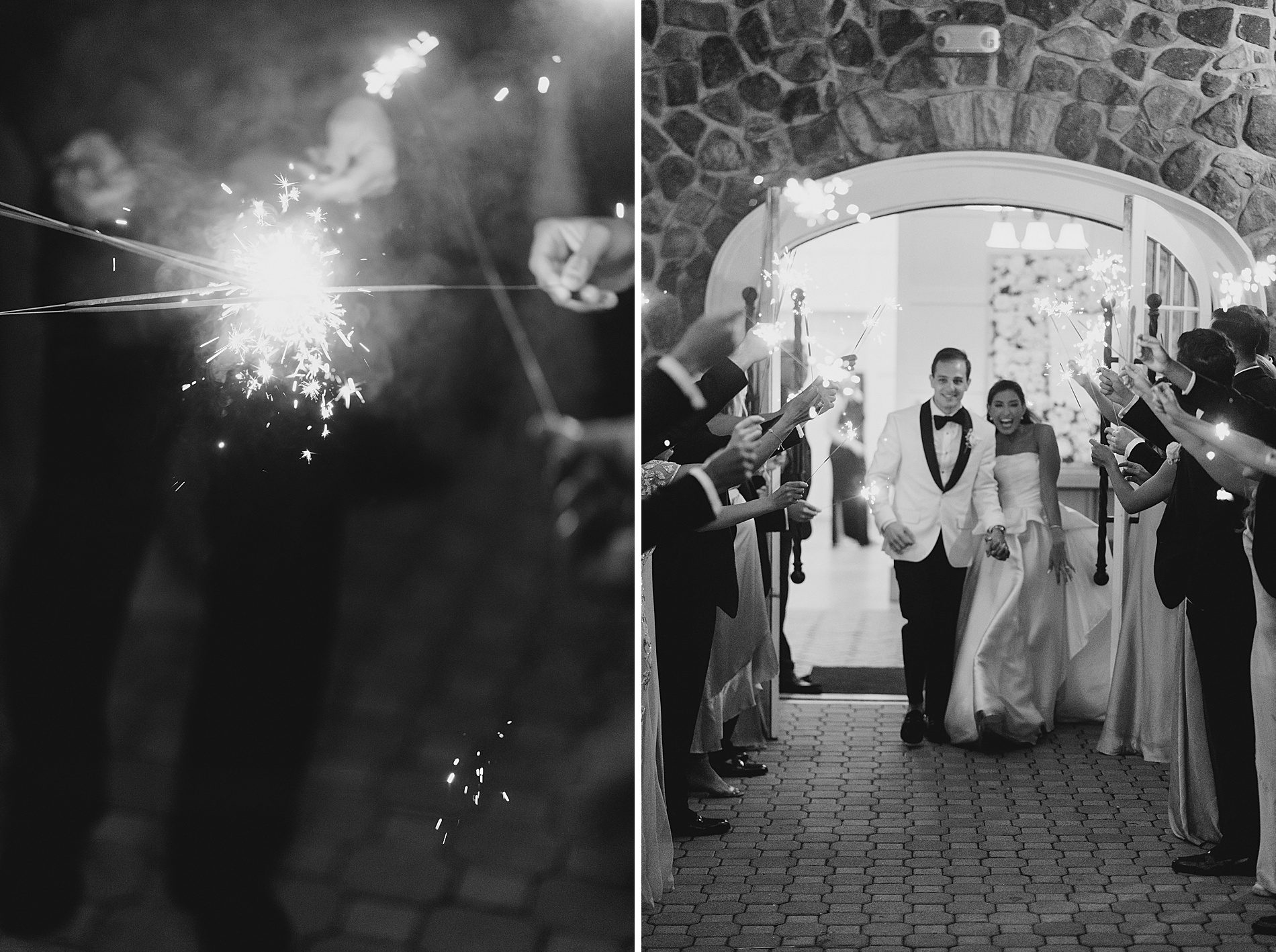 guests light sparklers for wedding exit