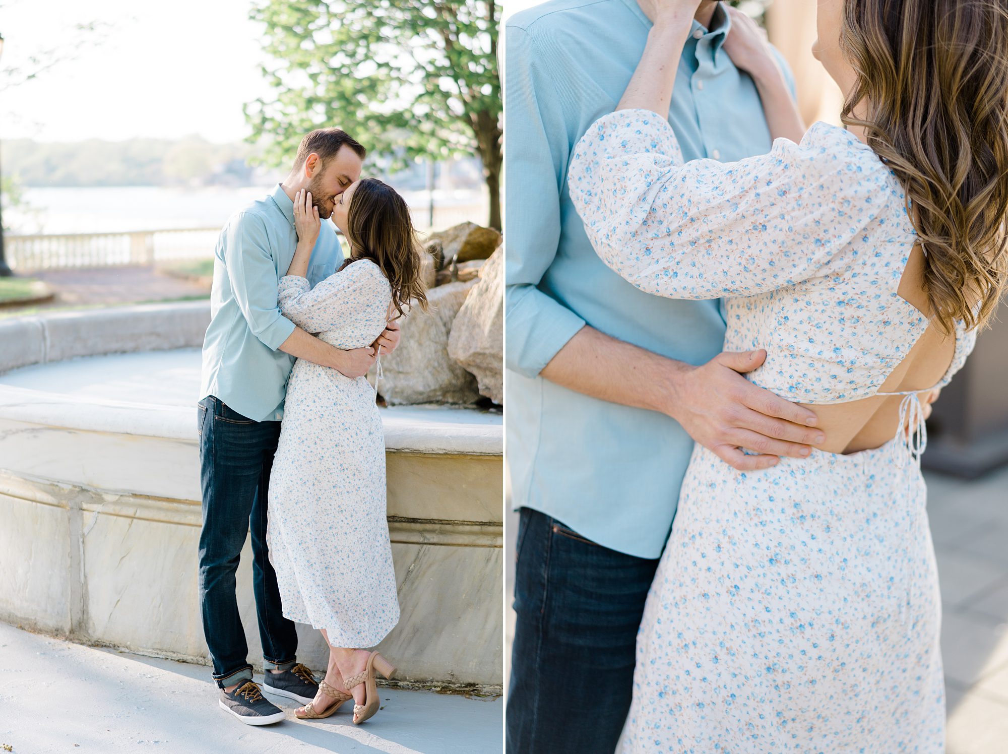 engaged couple hug during engagement session at Water Works in Philadelphia