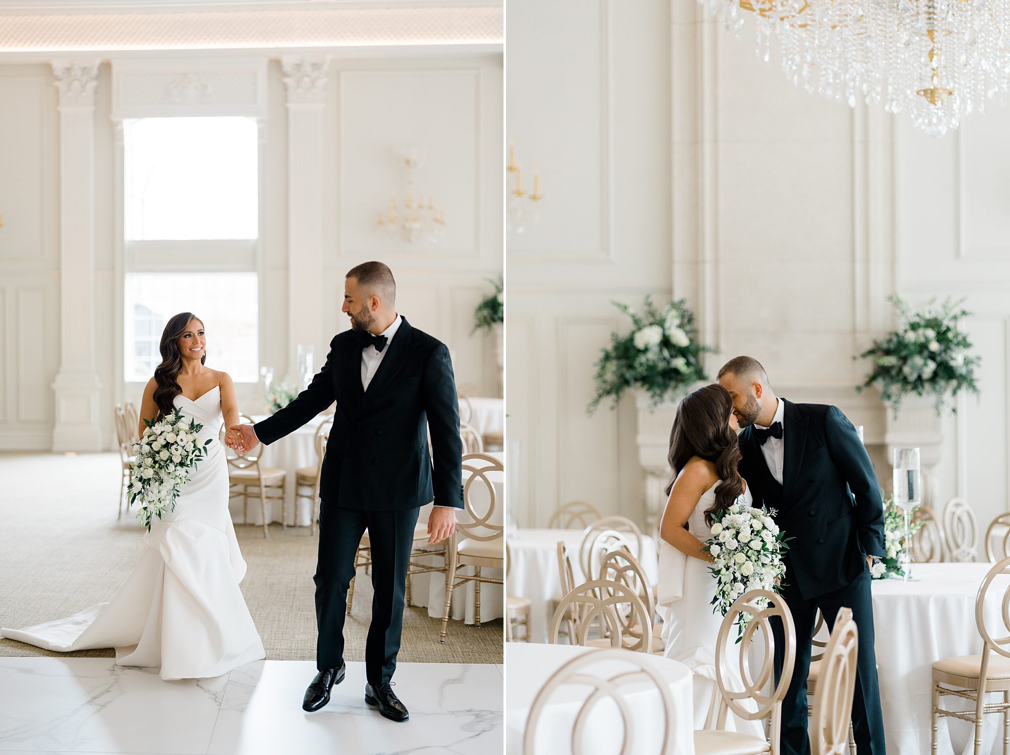 bride and groom walk through untouched wedding reception at Estate at Florentine Gardens