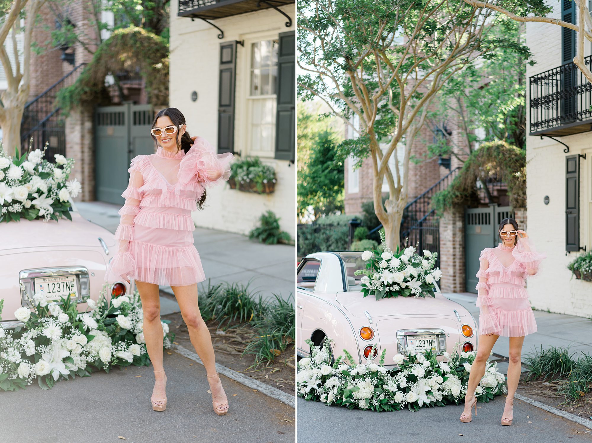 woman in pink fringe dress by Pink Figgy in Charleston