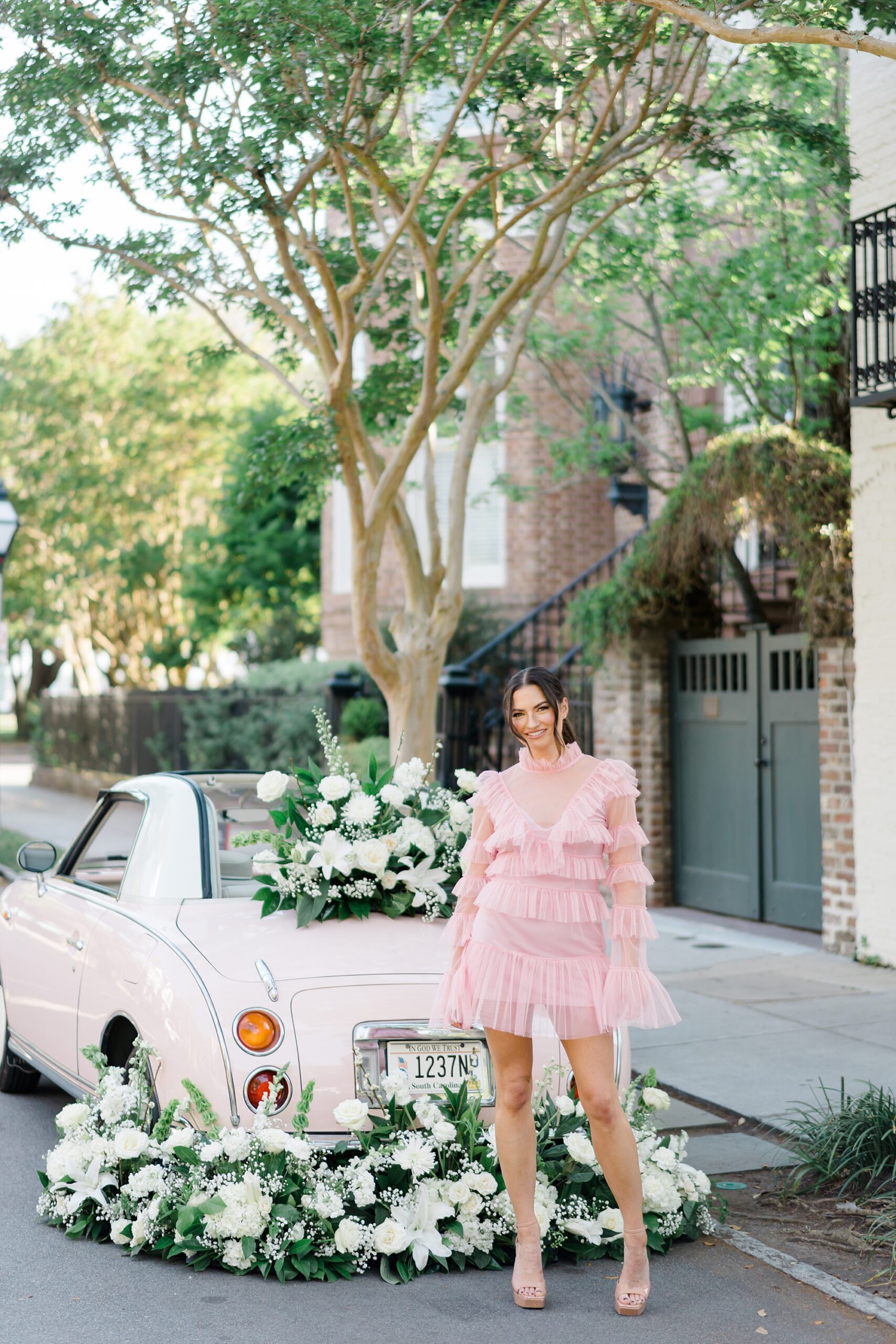 Pink Figgy Charleston Photoshoot with flowers by Firefly weddings and events